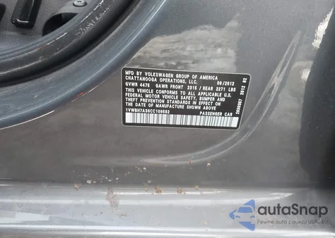 2012 Volkswagen Passat 2.5L Se из США, поврежденный, VIN 1VWBH7A36CC109582